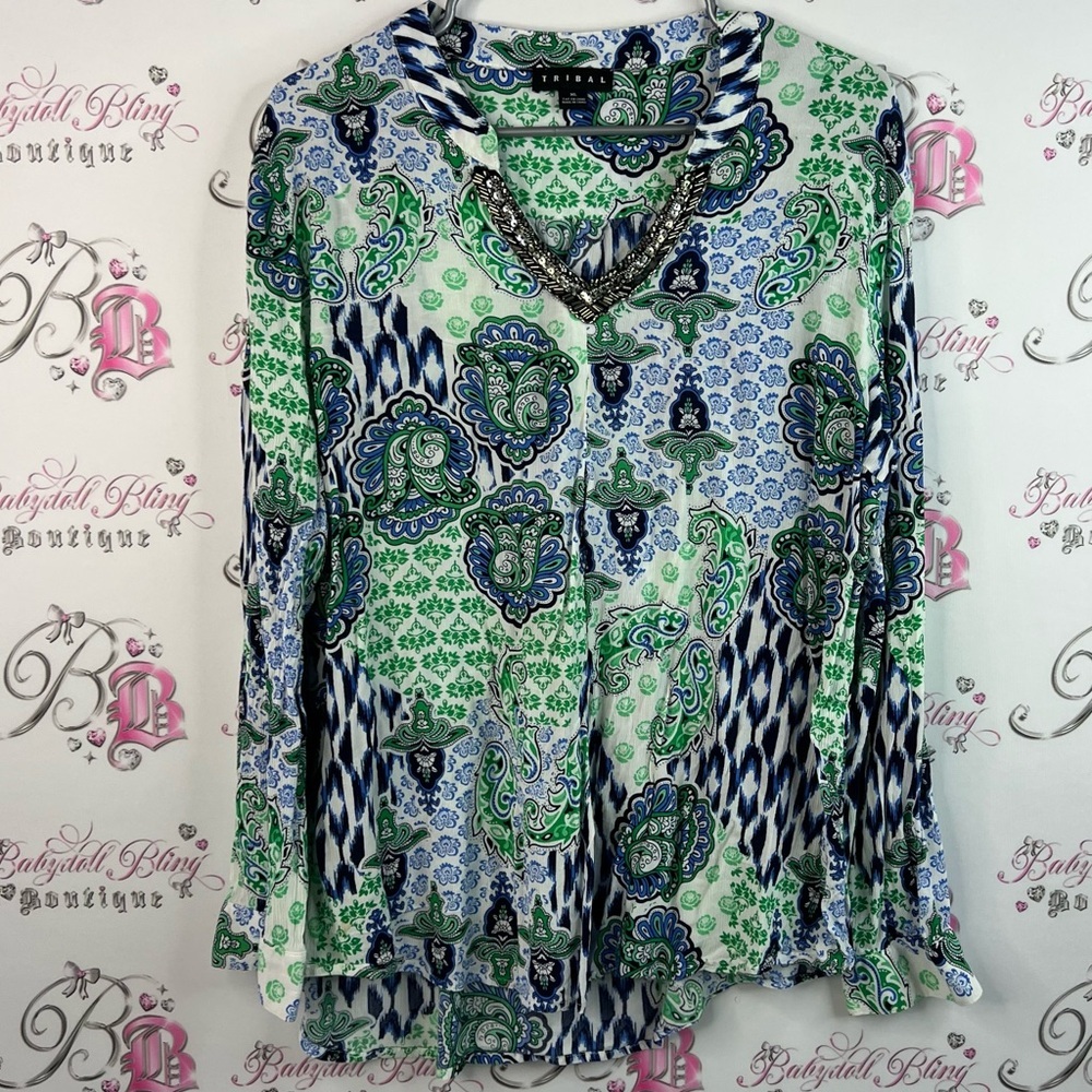 Tribal long sleeve top embroidered beaded neckline Green and Blue Paisley Blouse